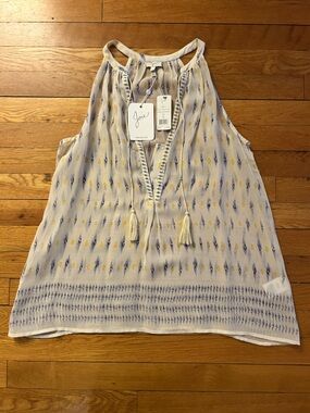 Joie White Sleeveless Tassel Tie Top with Blue & Yellow Ikat Print
